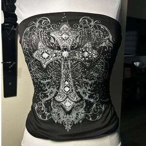 Urban Weekend Womens Black Gothic Cross Rhinestone Tube Top Medium Strapless Y2K